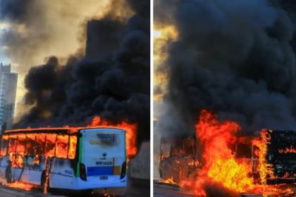 Chamas atingem ônibus no Setor Vila Nova, em Goiânia — Foto Wildes Barbosa O Popular