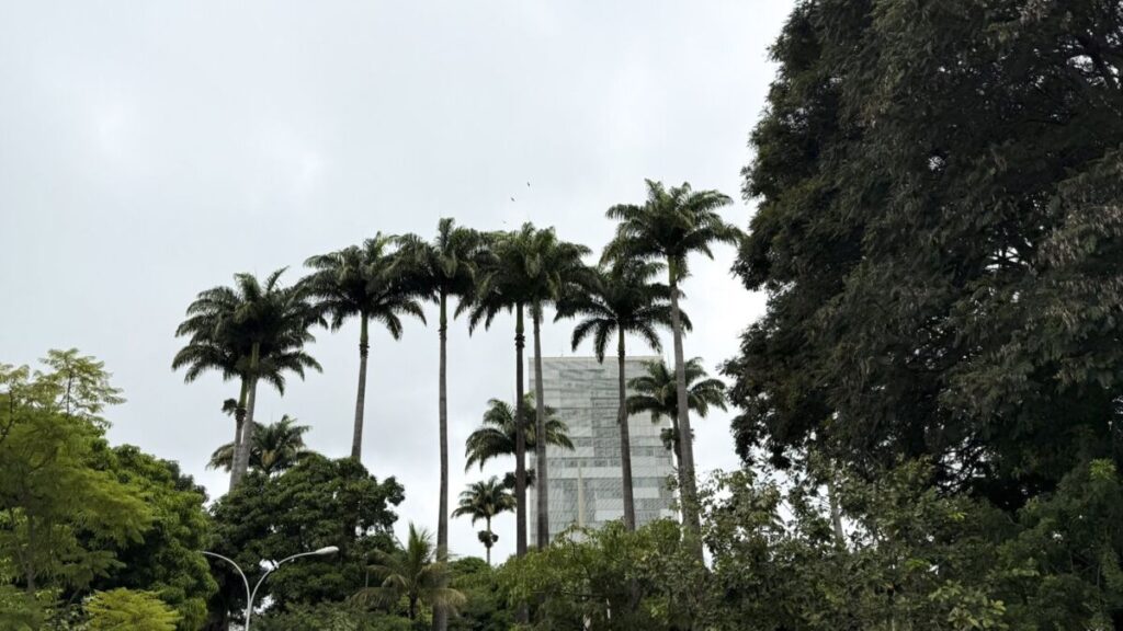 Fachada do Congresso Nacional, em Brasília, com as duas torres, as cúpulas e o gramado em primeiro plano
