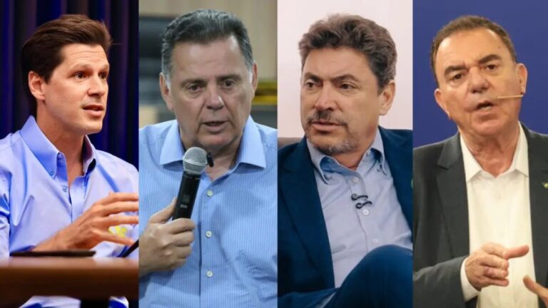 Montagem com os quatro candidatos ao Governo de Goiás — Daniel Vilela, Marconi Perillo, Luis Cesar Bueno e Wilder Morais — em imagens separadas, cada um discursando ou dando entrevista