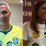 Montagem com o retrato de Gustavo Gayer, de camisa da seleção brasileira, e de Gracinha Caiado, de camiseta branca, ambos sorrindo