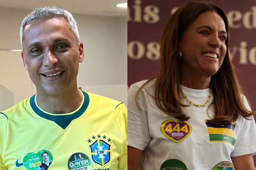 Montagem com o retrato de Gustavo Gayer, de camisa da seleção brasileira, e de Gracinha Caiado, de camiseta branca, ambos sorrindo