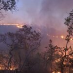 Linha de fogo avançando em uma encosta de vegetação de cerrado, com fumaça ao fundo