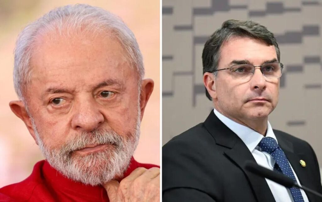 Montagem com o rosto do presidente Lula, de barba branca e camisa vermelha, ao lado do senador Flávio Bolsonaro, de óculos e terno escuro, discursando ao microfone