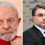 Montagem com o rosto do presidente Lula, de barba branca e camisa vermelha, ao lado do senador Flávio Bolsonaro, de óculos e terno escuro, discursando ao microfone
