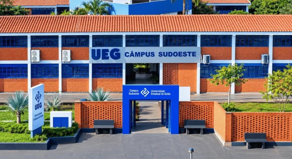 Fachada do Câmpus Sudoeste da Universidade Estadual de Goiás (UEG), em tijolo aparente com detalhes azuis, e totem de sinalização da UEG em primeiro plano.